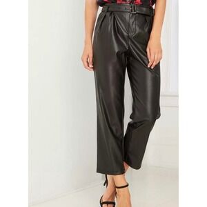 NWT Who What Wear Womens Black Faux Leather Belted Pleated Leg Pants Size 4